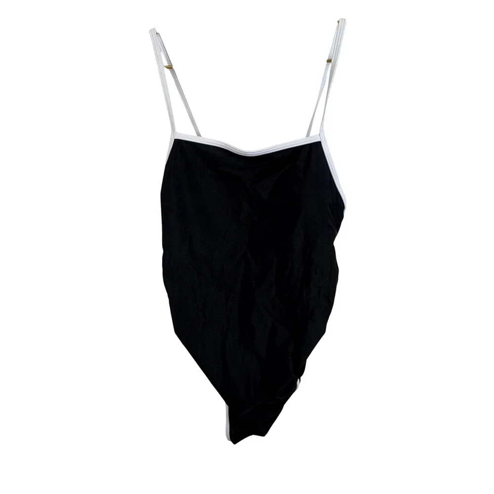 NWT Quince Maternity Italian Square Neck One-Piece Swimsuit Black White Sz Small